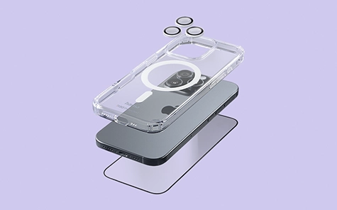 Imagem detalhada de diferentes camadas para proteção do celular: vidro de proteção de câmera, vitral e vidro da tela
